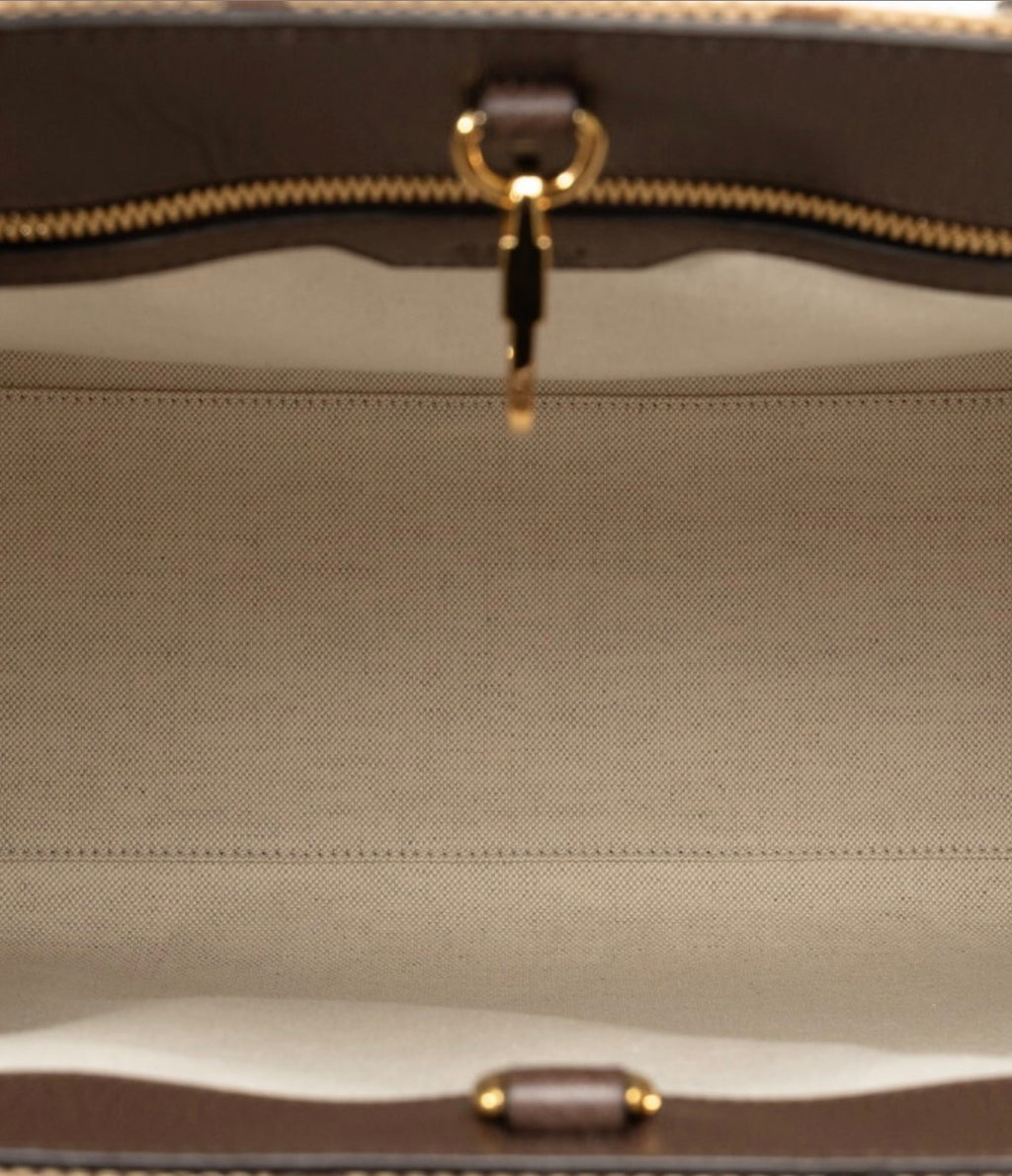 Gucci Monogram Jumbo GG Textured Dollar Calfskin Web Tote Bag Camel Ebony New Acero