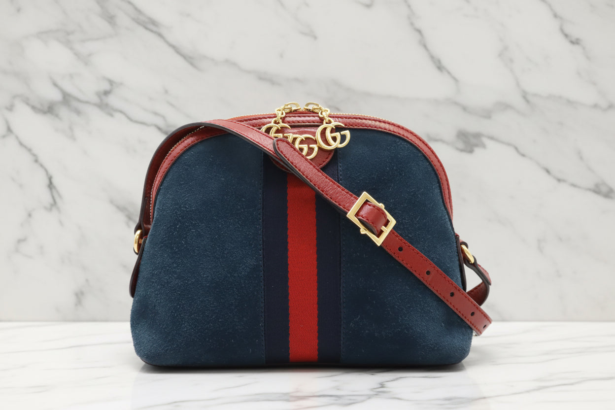 GUCCI Suede Calfskin Web Small Ophidia Dome Shoulder Bag Blue Romantic Cherry