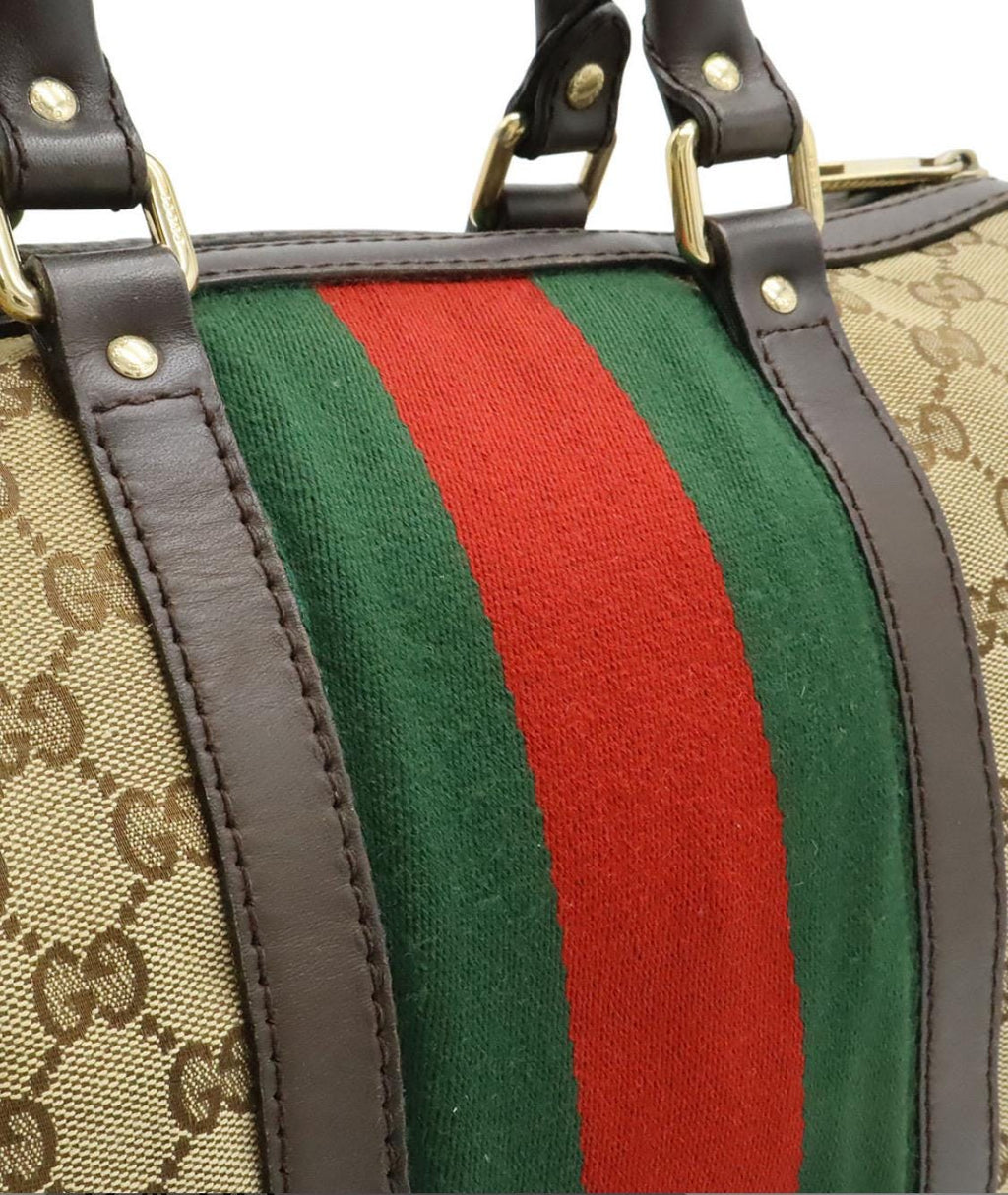 Authentic GUCCI Monogram Selleria Calfskin Vintage Web Medium Boston Beige Ebony Cocoa Shoulder bag