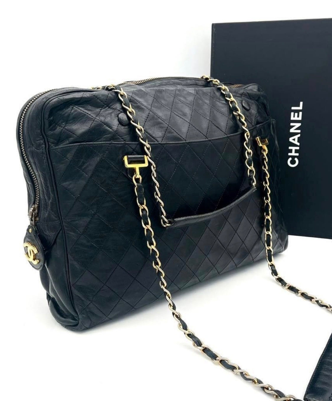 Chanel Matelassé Tote Bag Chain Shoulder Bag Lambskin Black