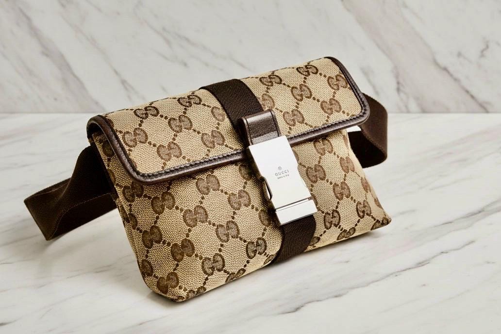 Authentic GUCCI GG Monogram Buckle Belt Bag Dark Brown