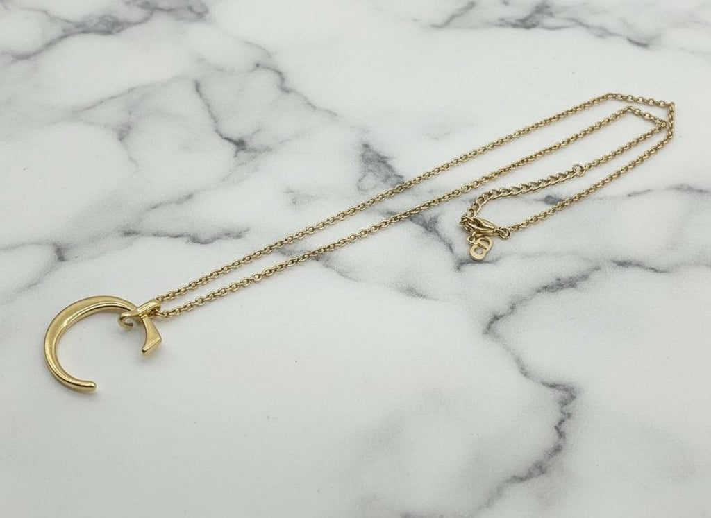 Authentic Christian Dior C Logo Gold Pendant Necklace