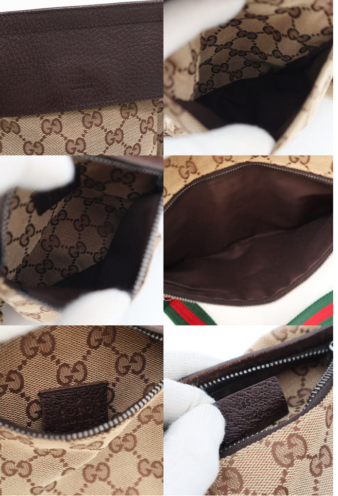 Authenic GUCCI Monogram Web Double Pocket Belt Bag Dark Brown
