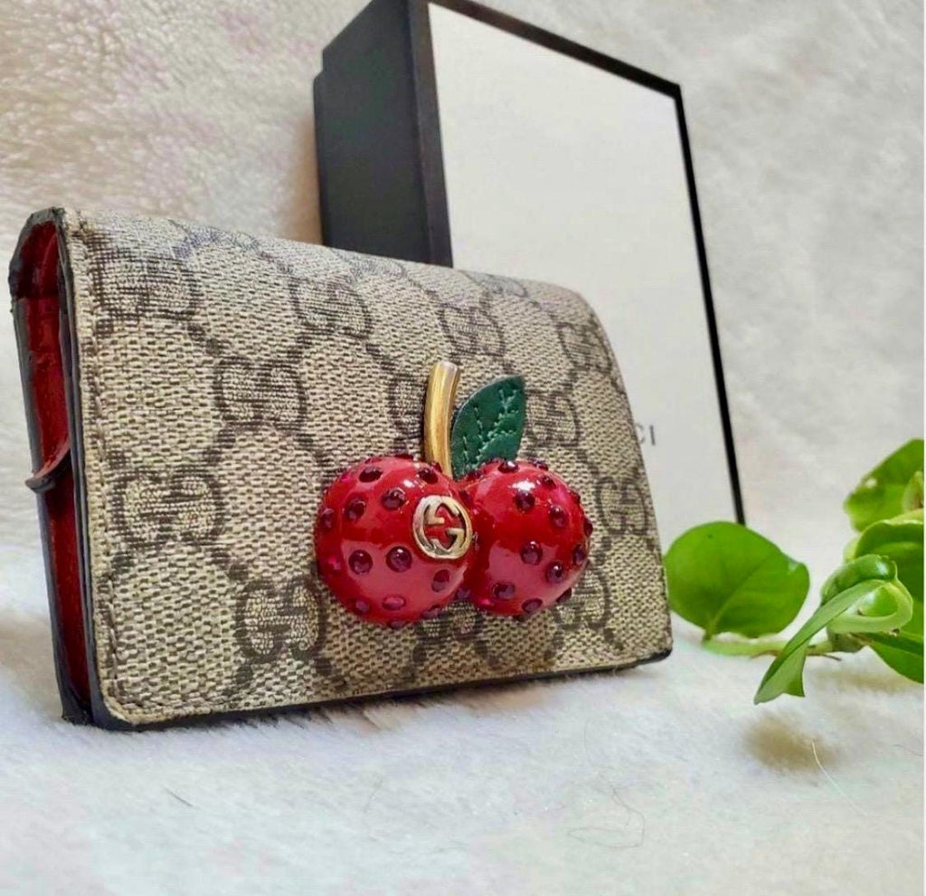 Authentic GUCCI GG Supreme Monogram Cherry Embellished Card Case Wallet Hibiscus Red