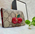 Authentic GUCCI GG Supreme Monogram Cherry Embellished Card Case Wallet Hibiscus Red