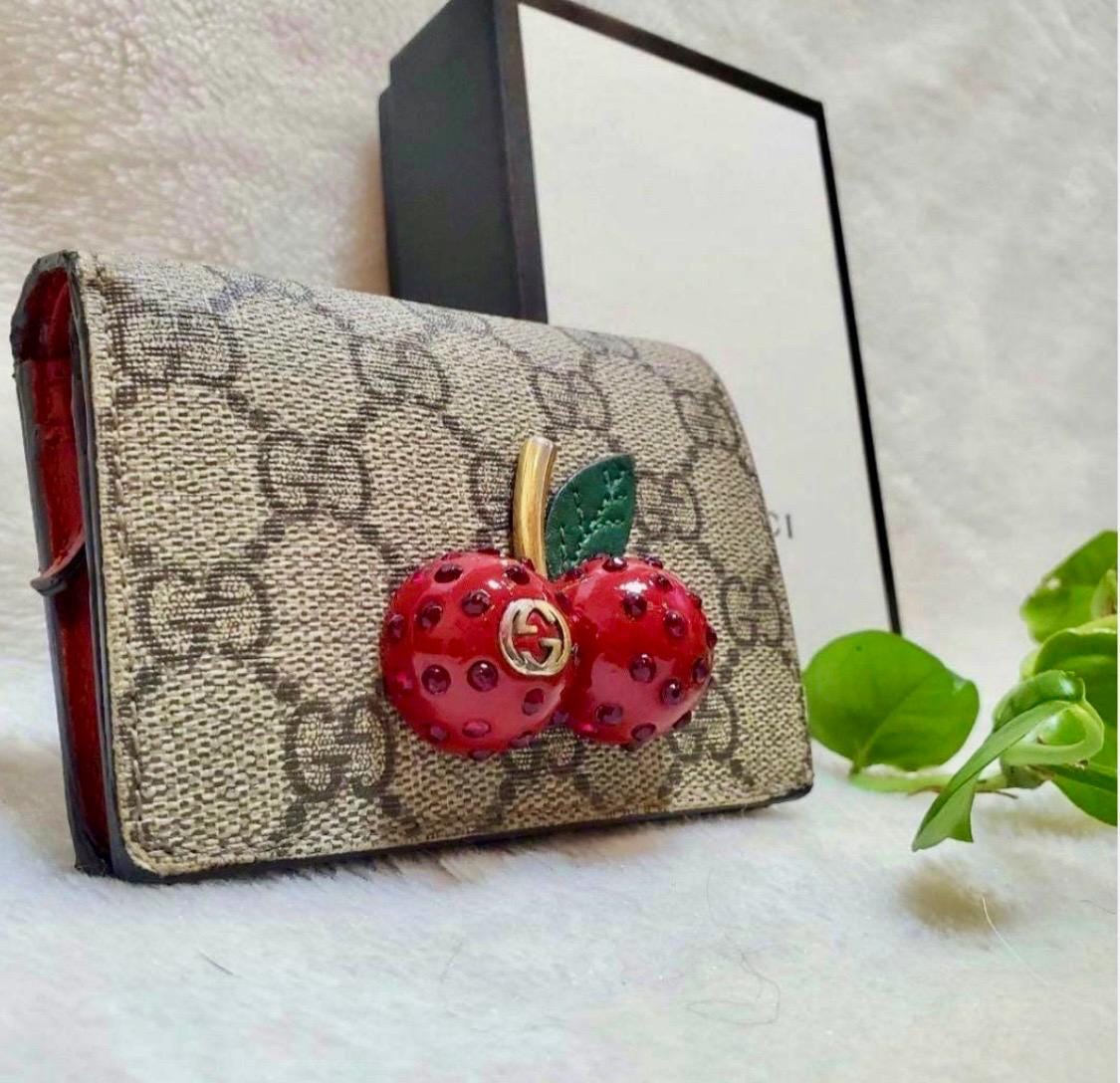 Authentic GUCCI GG Supreme Monogram Cherry Embellished Card Case Wallet Hibiscus Red