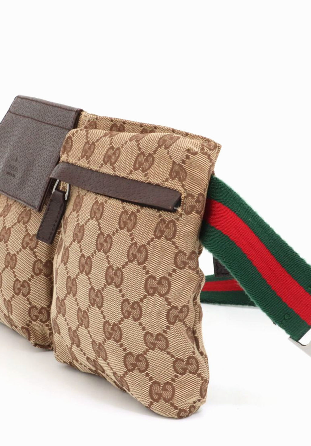 Authenic GUCCI Monogram Web Double Pocket Belt Bag Dark Brown
