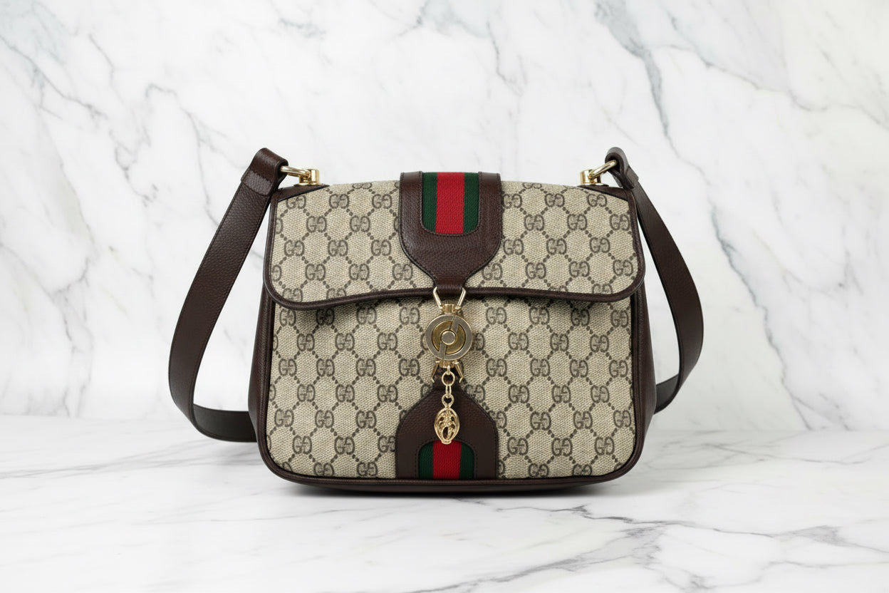 GUCCI Vintage Brown Monogram Canvas Flap Shoulder Bag