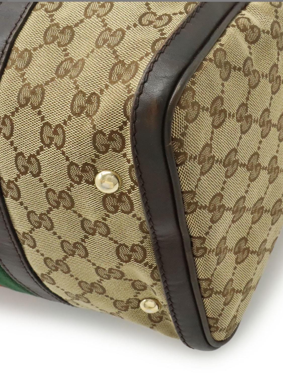 Authentic GUCCI Monogram Selleria Calfskin Vintage Web Medium Boston Beige Ebony Cocoa Shoulder bag
