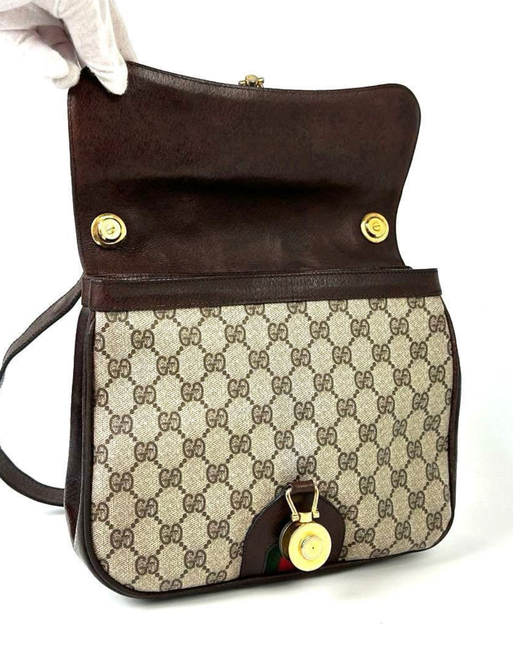 GUCCI Vintage Brown Monogram Canvas Flap Shoulder Bag