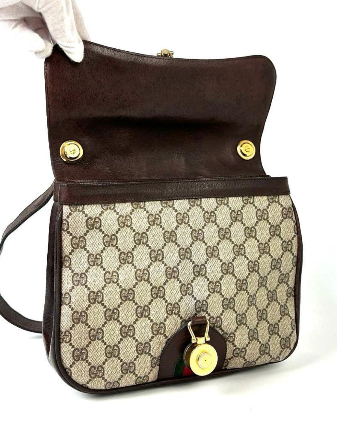 GUCCI Vintage Brown Monogram Canvas Flap Shoulder Bag