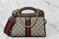 Authentic GUCCI GG Supreme Monogram Textured Dollar Calfskin Web Small Ophidia Slip Handle Tote Beige Ebony New Acero Excellent Condition