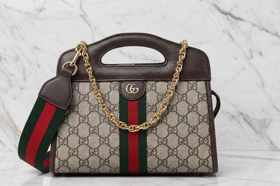 Authentic GUCCI GG Supreme Monogram Textured Dollar Calfskin Web Small Ophidia Slip Handle Tote Beige Ebony New Acero Excellent Condition