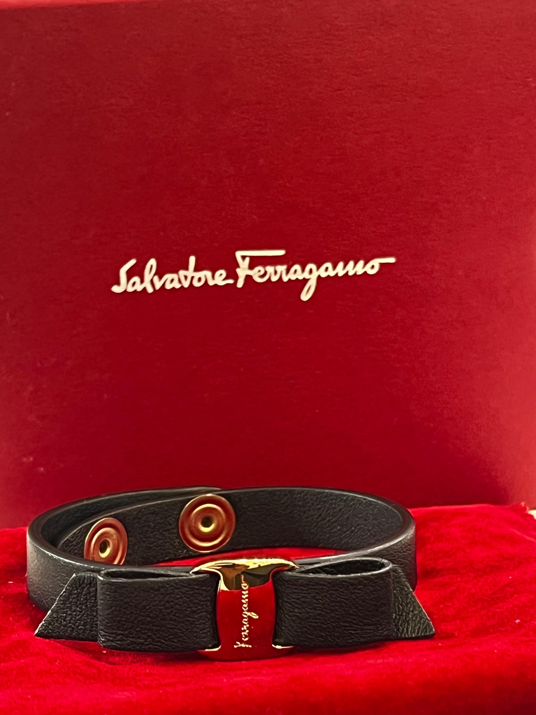 Vintage Ferragamo Vara Ribbon Leather Bracelet - Black, Authentic