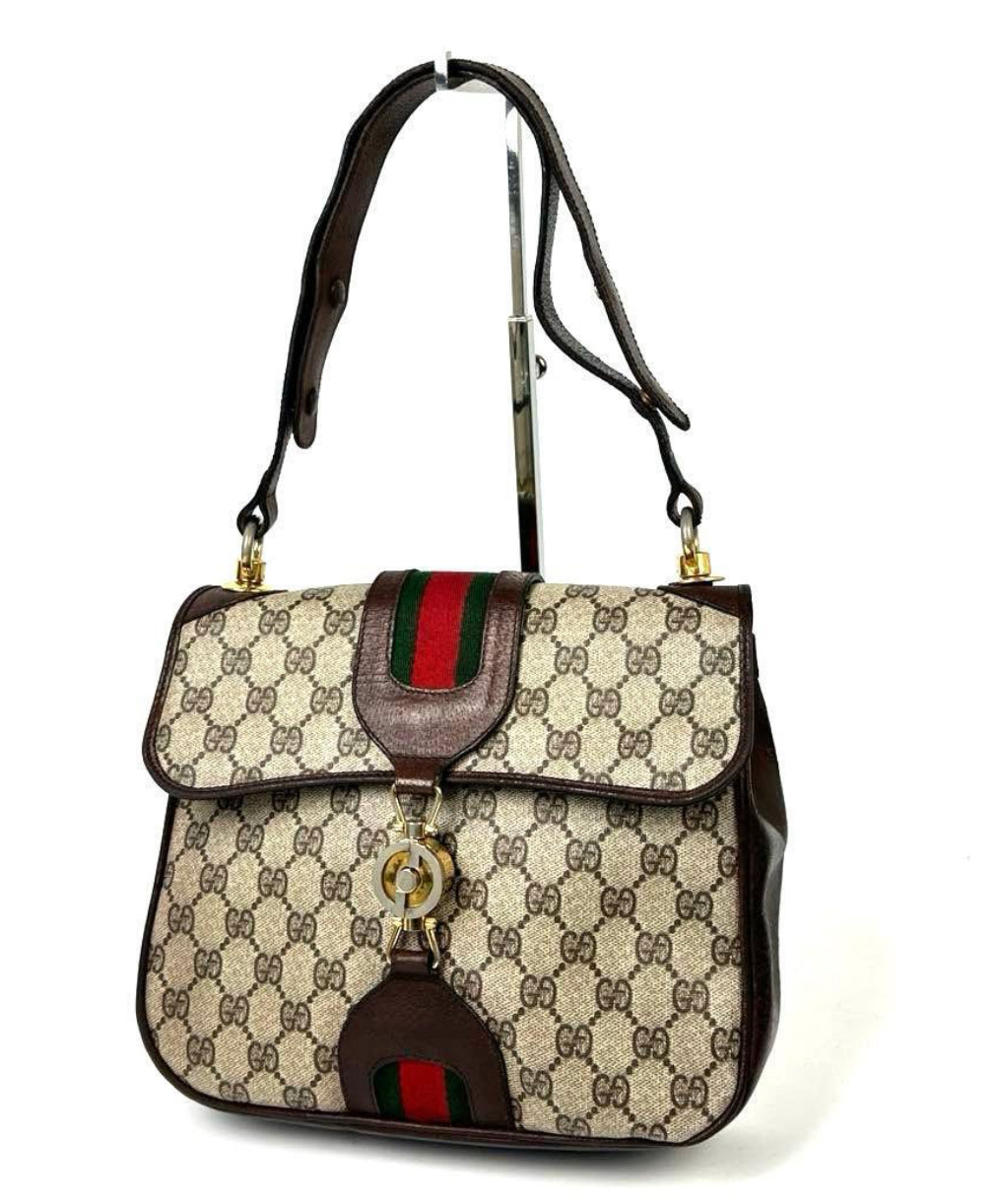 GUCCI Vintage Brown Monogram Canvas Flap Shoulder Bag