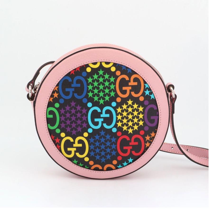Authentic GUCCI GG Supreme Monogram Psychedelic Round Shoulder Bag Black Multicolor Sugar Pink