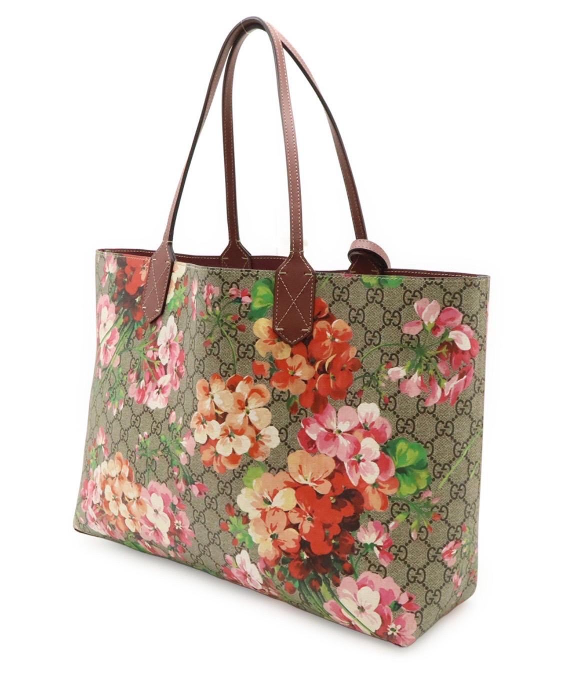Authentic GUCCI GG Supreme Monogram Blooms Medium Reversible Tote Beige Multicolor Dry Rose