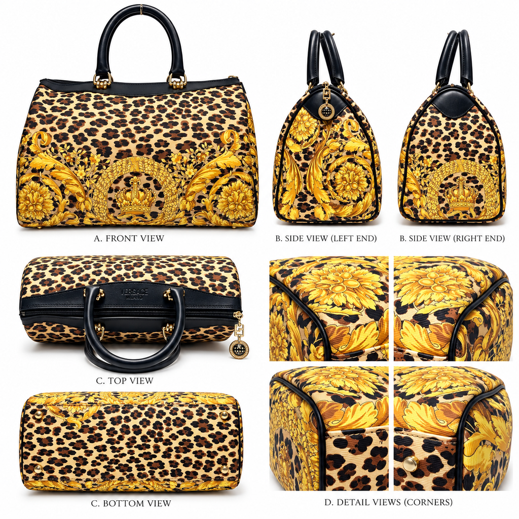 Vintage Gianni Versace Animalier Barocco Leopard Crown Top Handle Satchel Bag – Black/Yellow