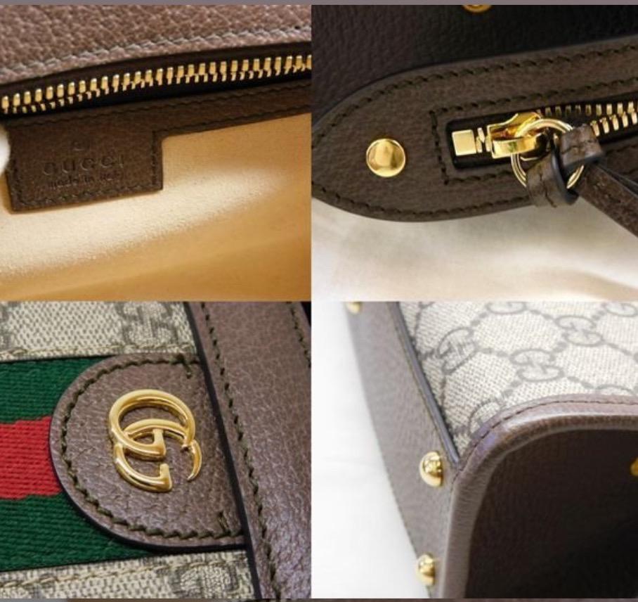 Authentic GUCCI GG Supreme Monogram Textured Dollar Calfskin Web Small Ophidia Slip Handle Tote Beige Ebony New Acero Excellent Condition