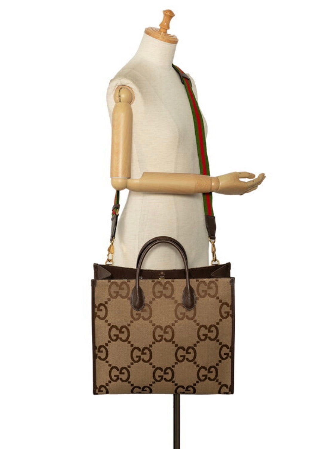 Gucci Monogram Jumbo GG Textured Dollar Calfskin Web Tote Bag Camel Ebony New Acero