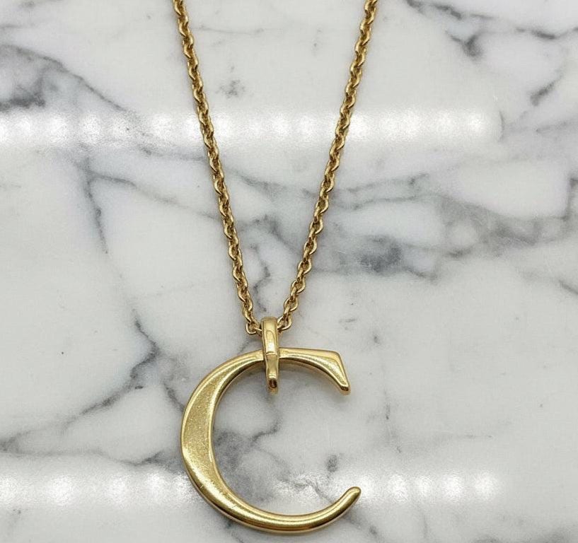 Authentic Christian Dior C Logo Gold Pendant Necklace
