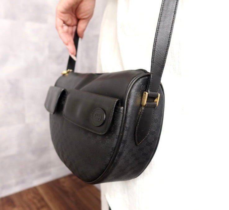 Gucci Vintage Black GG Monogram Canvas Leather Crescent Shoulder Bag