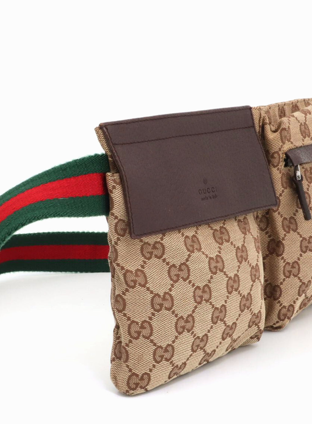 Authenic GUCCI Monogram Web Double Pocket Belt Bag Dark Brown