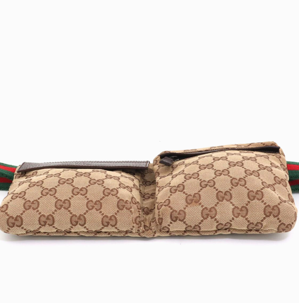 Authenic GUCCI Monogram Web Double Pocket Belt Bag Dark Brown