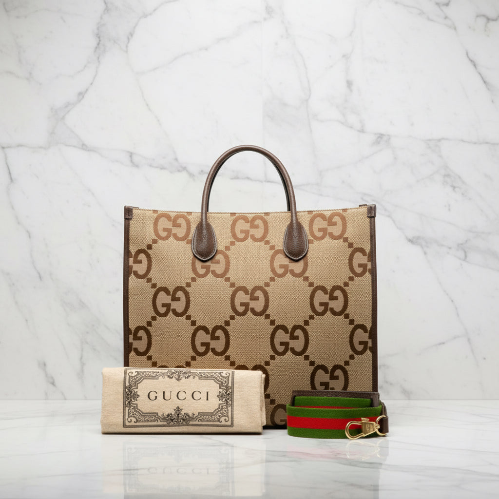 Gucci Monogram Jumbo GG Textured Dollar Calfskin Web Tote Bag Camel Ebony New Acero