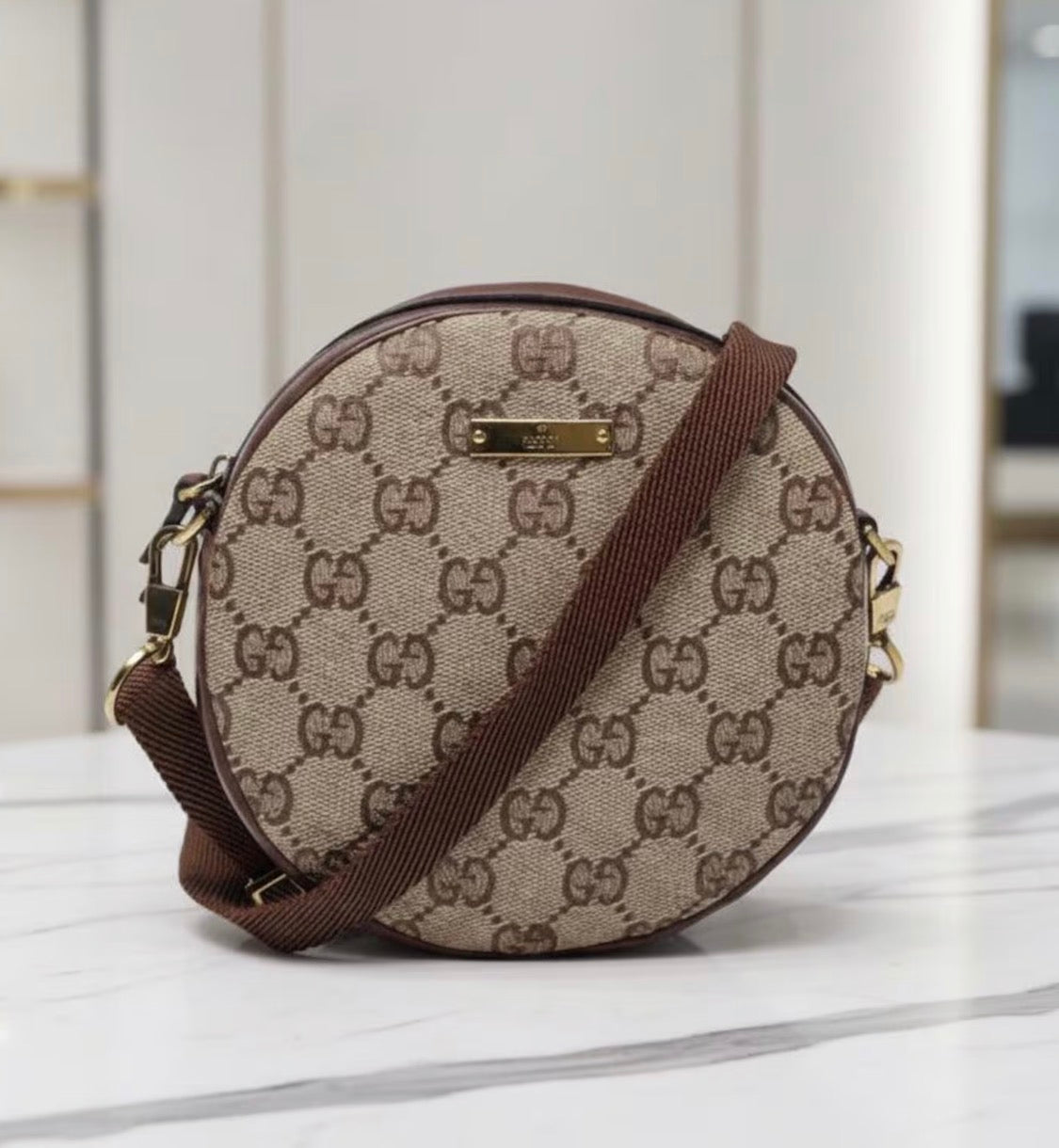 Authentic Gucci Brown GG Canvas Round Crossbody Beige bag