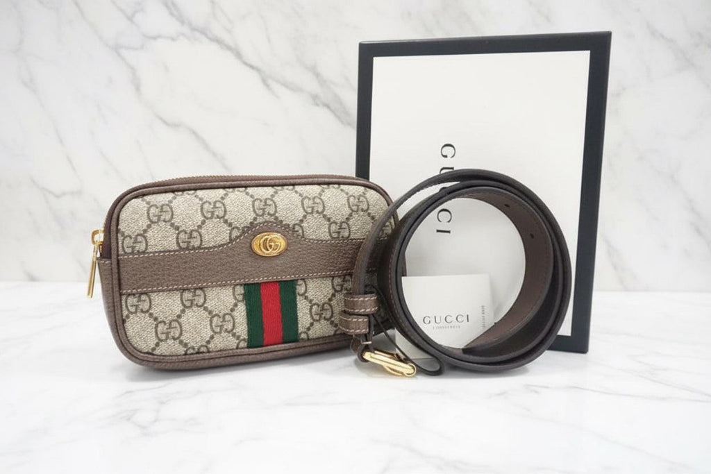 Authentic GUCCI GG Supreme Monogram Web Small Ophidia Belt Bag Dark Brown Like New  COA included