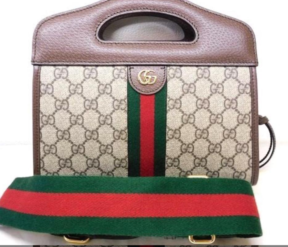 Authentic GUCCI GG Supreme Monogram Textured Dollar Calfskin Web Small Ophidia Slip Handle Tote Beige Ebony New Acero Excellent Condition