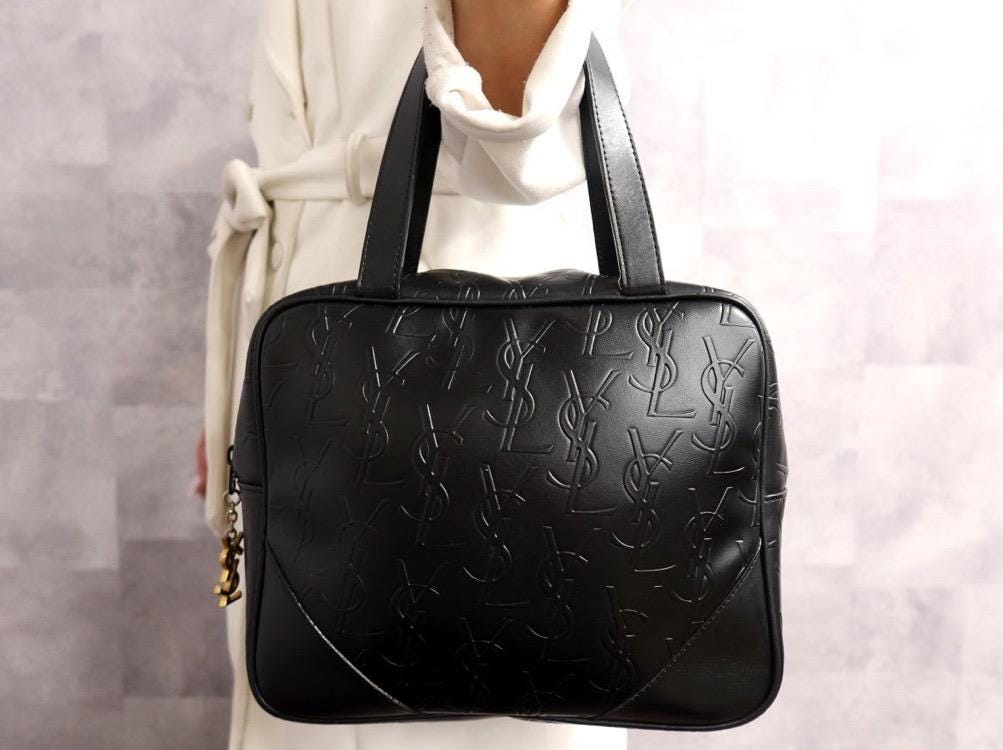 Authentic Yves Saint Laurent Vintage Black PVC Leather Handbag Bag With YSL Charm
