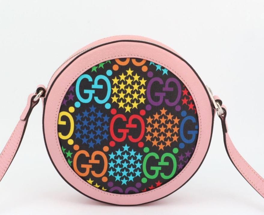 Authentic GUCCI GG Supreme Monogram Psychedelic Round Shoulder Bag Black Multicolor Sugar Pink