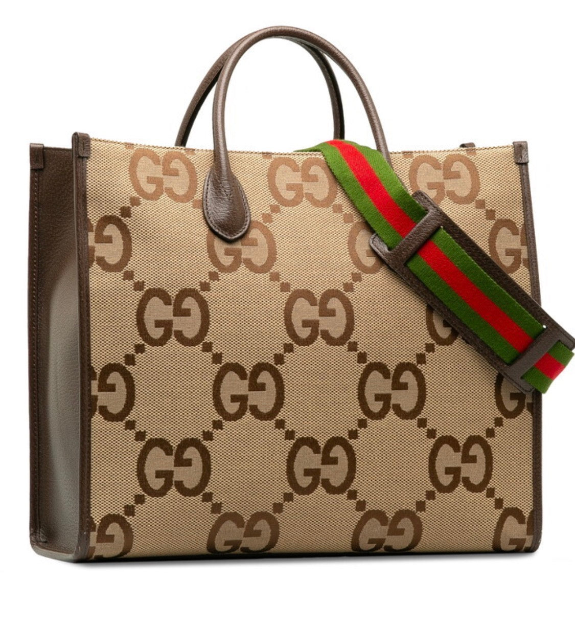 Gucci Monogram Jumbo GG Textured Dollar Calfskin Web Tote Bag Camel Ebony New Acero