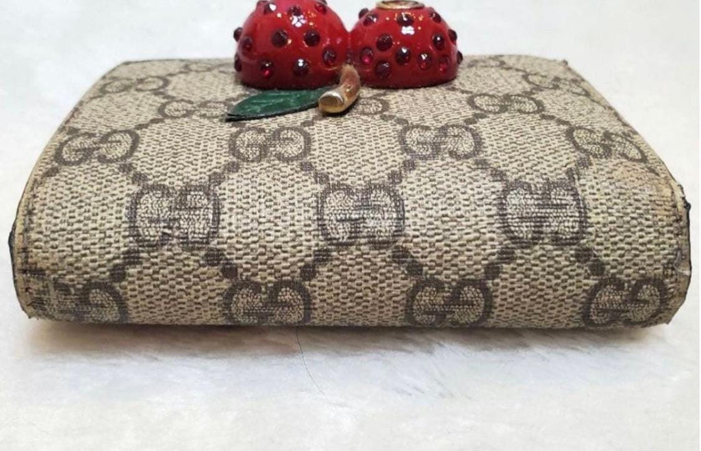 Authentic GUCCI GG Supreme Monogram Cherry Embellished Card Case Wallet Hibiscus Red