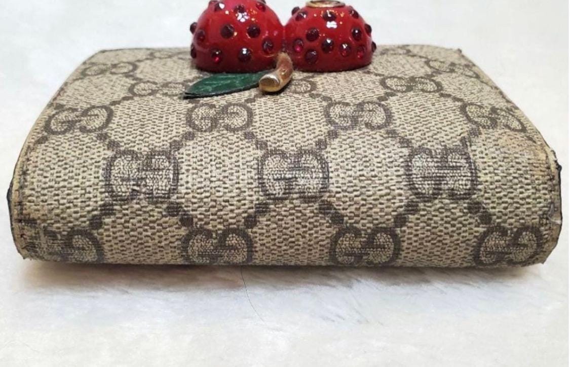 Authentic GUCCI GG Supreme Monogram Cherry Embellished Card Case Wallet Hibiscus Red