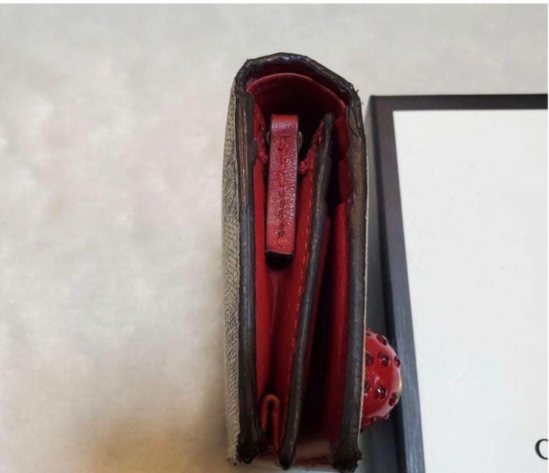 Authentic GUCCI GG Supreme Monogram Cherry Embellished Card Case Wallet Hibiscus Red