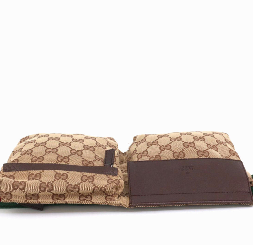 Authenic GUCCI Monogram Web Double Pocket Belt Bag Dark Brown
