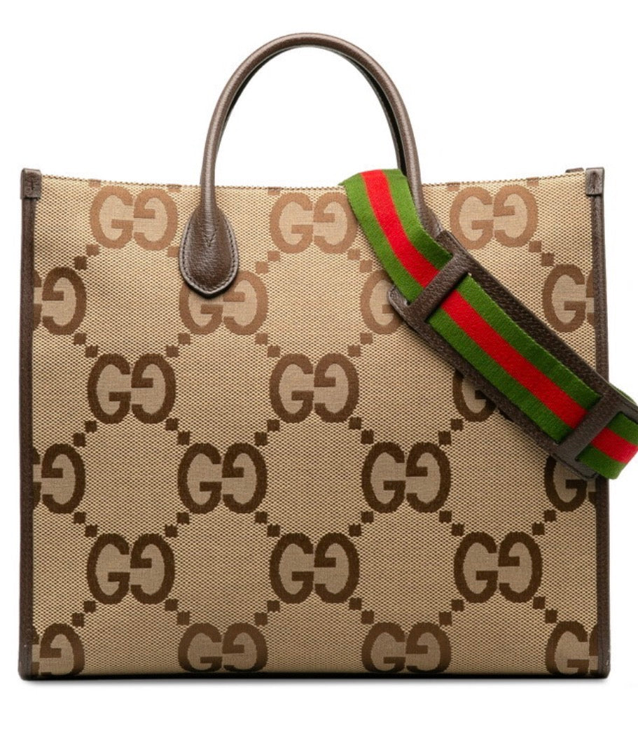 Gucci Monogram Jumbo GG Textured Dollar Calfskin Web Tote Bag Camel Ebony New Acero