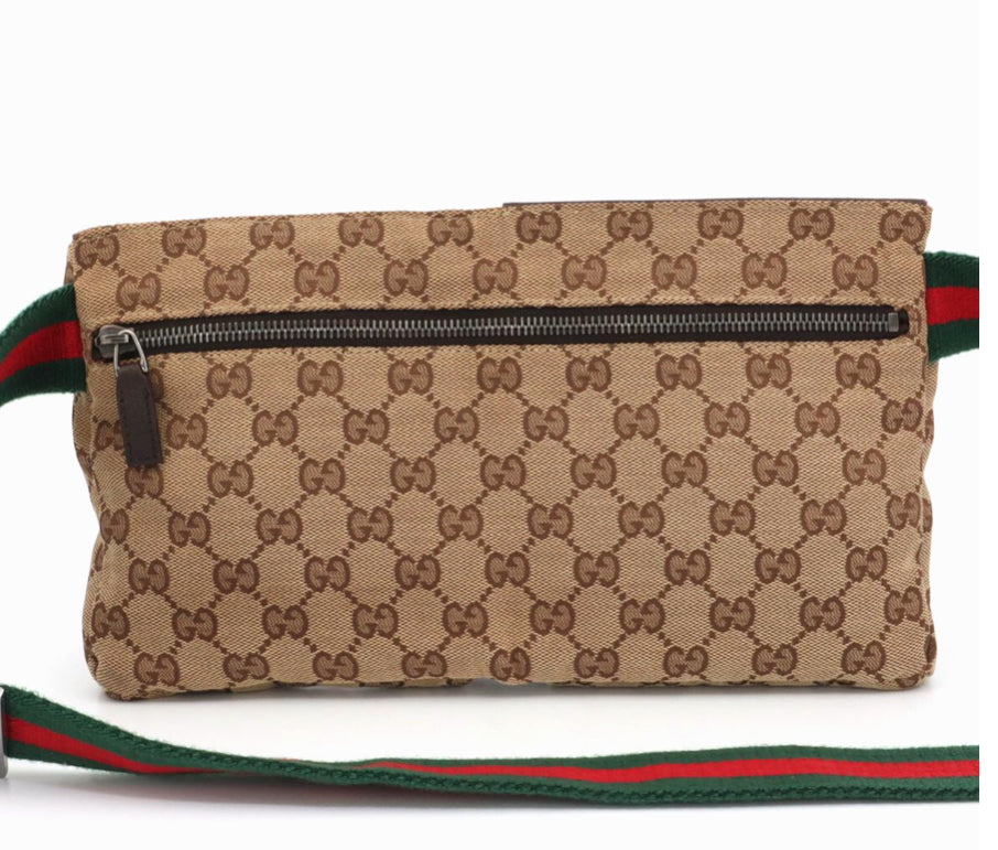 Authenic GUCCI Monogram Web Double Pocket Belt Bag Dark Brown