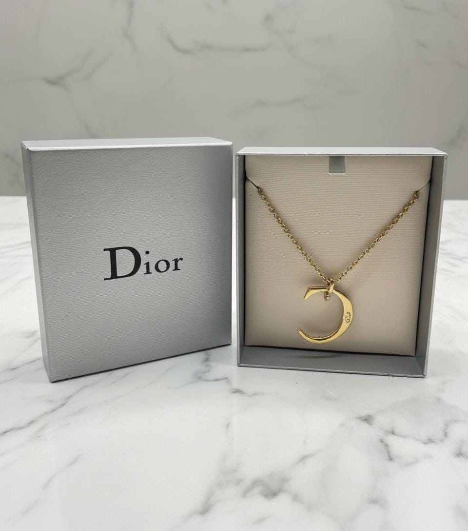 Authentic Christian Dior C Logo Gold Pendant Necklace
