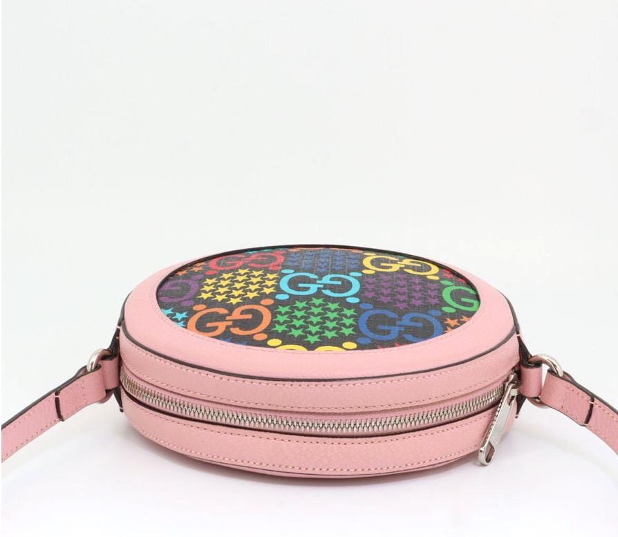 Authentic GUCCI GG Supreme Monogram Psychedelic Round Shoulder Bag Black Multicolor Sugar Pink