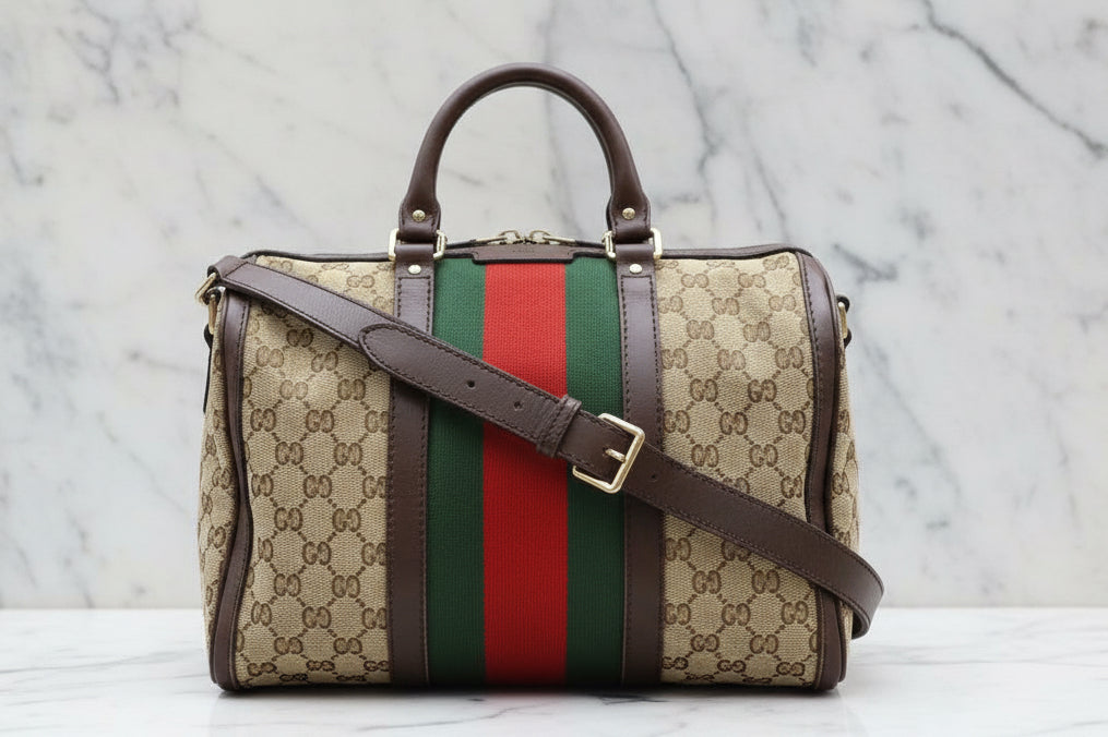 Authentic GUCCI Monogram Selleria Calfskin Vintage Web Medium Boston Beige Ebony Cocoa Shoulder bag