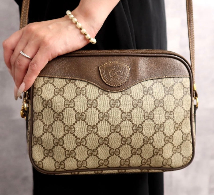 GUCCI Old Gucci GG  Supreme PVC Calf Leather Shoulder Bag Vintage Brown