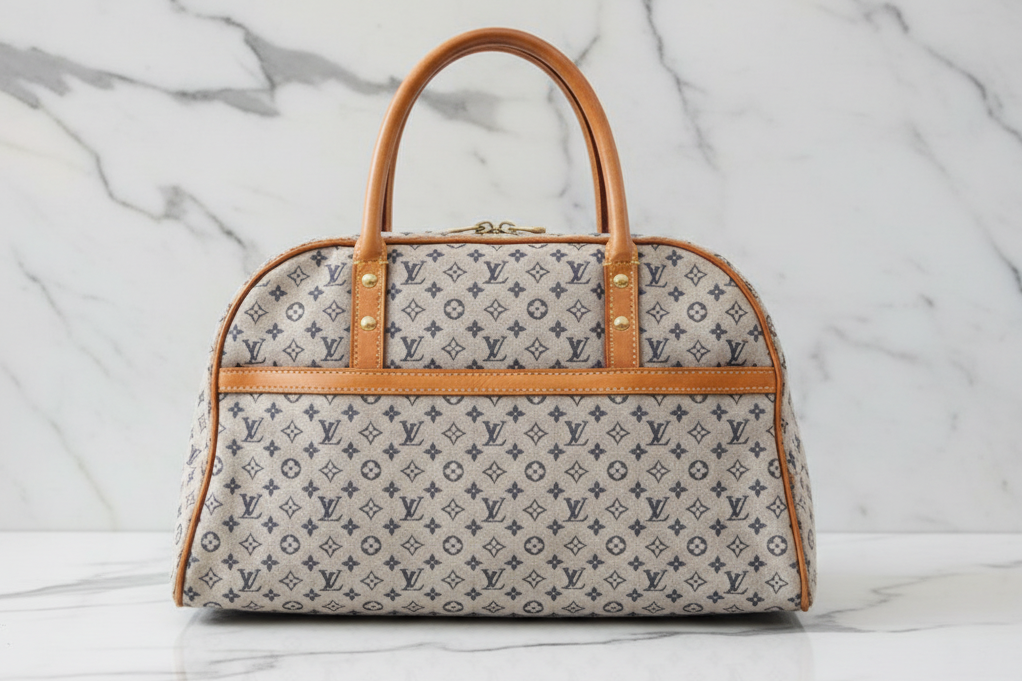 Authentic LOUIS VUITTON Monogram Mini Marie Handbag/Boston Bag, Canvas/Blue Leather Vintage