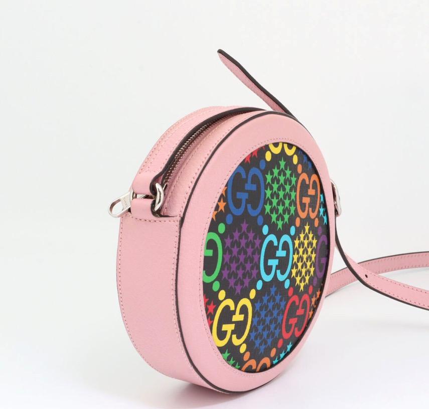 Authentic GUCCI GG Supreme Monogram Psychedelic Round Shoulder Bag Black Multicolor Sugar Pink