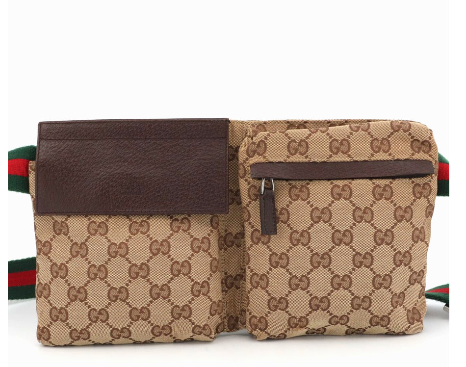 Authenic GUCCI Monogram Web Double Pocket Belt Bag Dark Brown