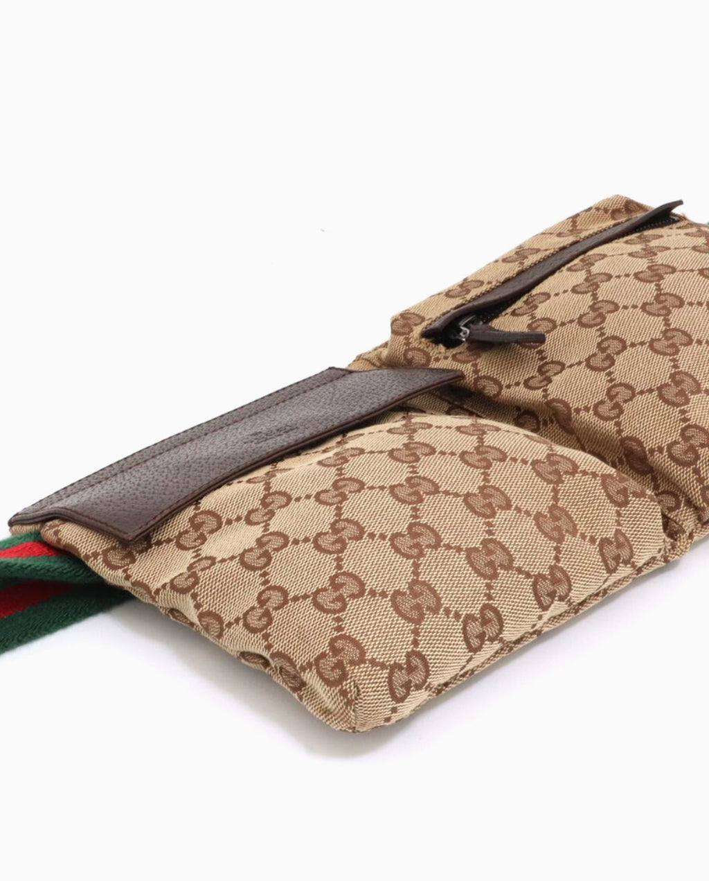 Authenic GUCCI Monogram Web Double Pocket Belt Bag Dark Brown