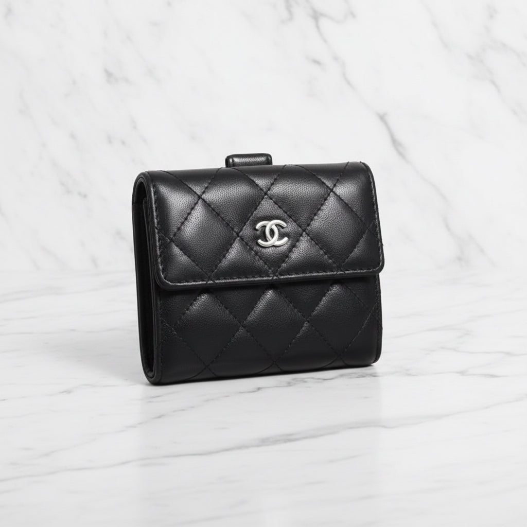 Chanel Lambskin Quilted Compact Wallet Black